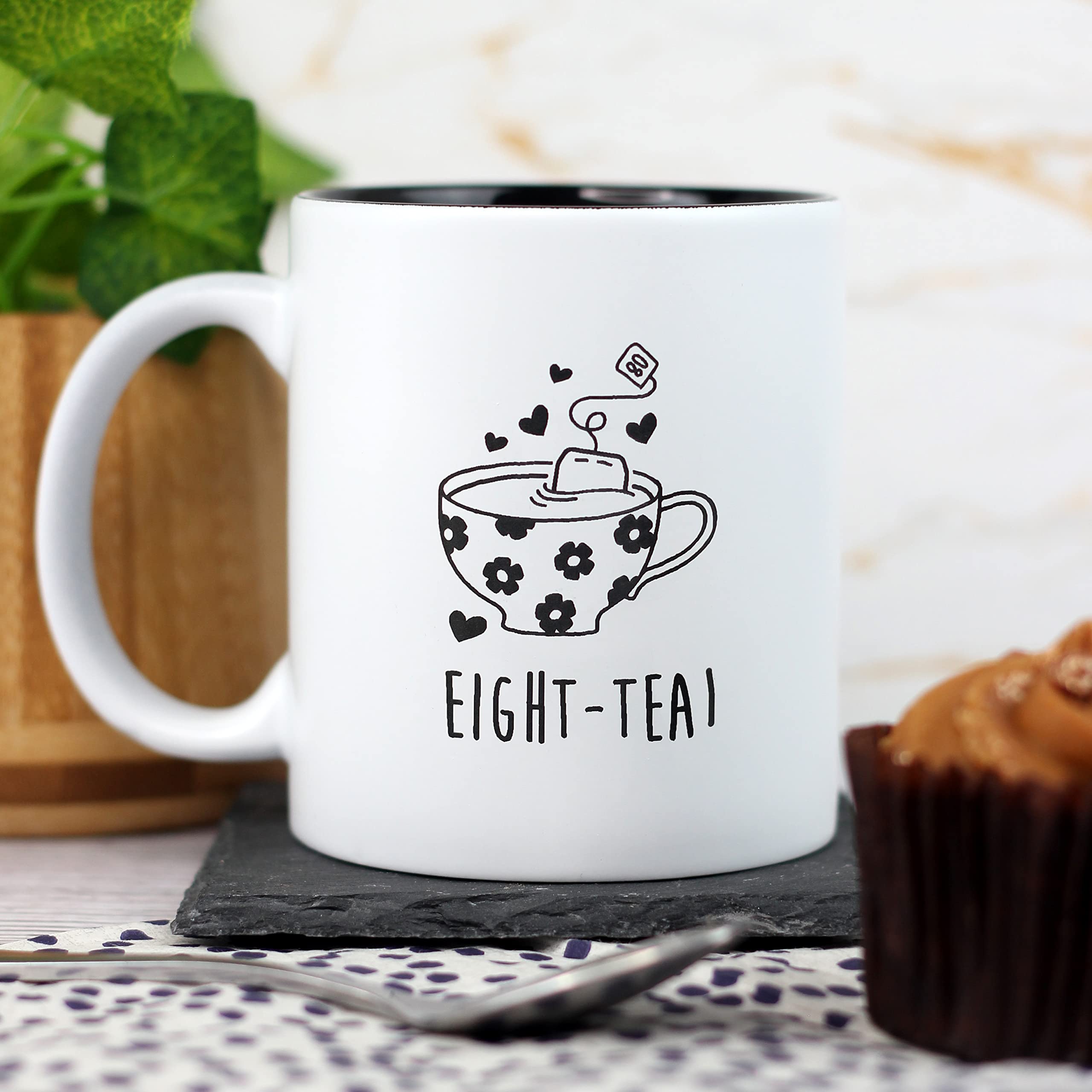 eBuyGB Engraved Black Reveal Coffee Mug -Eight-Tea Design - 350ml Tea Cup, 80th Birthday Gifts for Women, Her - Eightieth Birthday Gift for Mum, Grandma