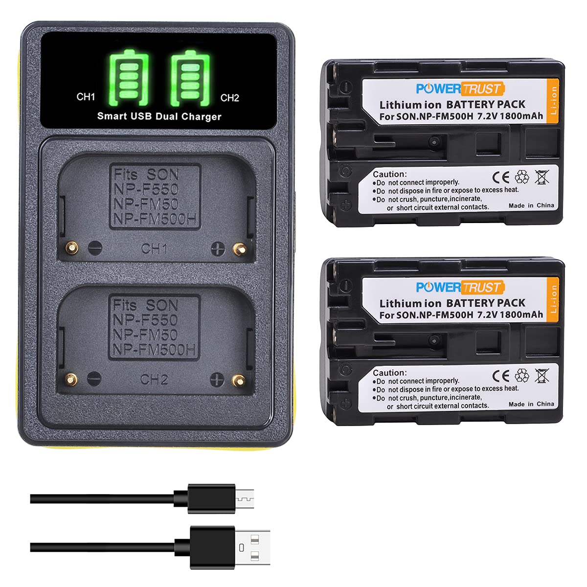 PowerTrust 2-Pack 1800mAh NP-FM500H Battery and Type-C Charger for Sony SLT A99 II, A99, A65, A58, A77 II, A77V, A57, A450, A500, A550, A560, A580, A850, A900, A200, A300, A350