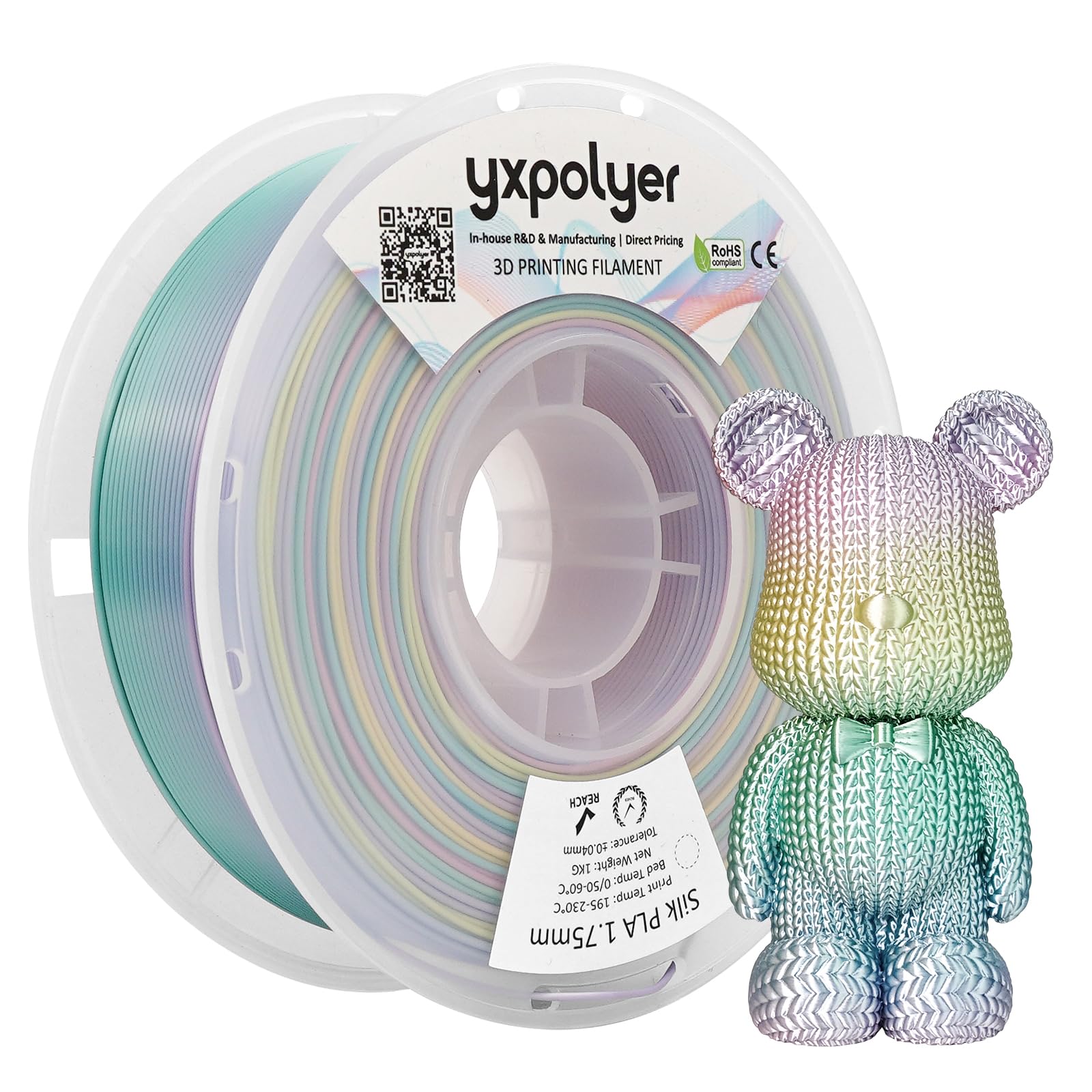 Photo 1 of YXPOLYER Rainbow PLA Filament Silk PLA Multi Color 3D Printer Filament 1.75mm 1kg, Gradient Multicolor Candy 4-Colors Rainbow, Pastel Purple, Green, Sky Blue and Blue