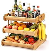Yiyiring 3 Tier Fruit Basket for Kitchen Counter, 16.5 inch Stackable Bamboo Fruit Bowl with Banana Hangers Holder Vegetable Storage for Onion Potato Vegetable Bread Snack Large Kitchen Organizer