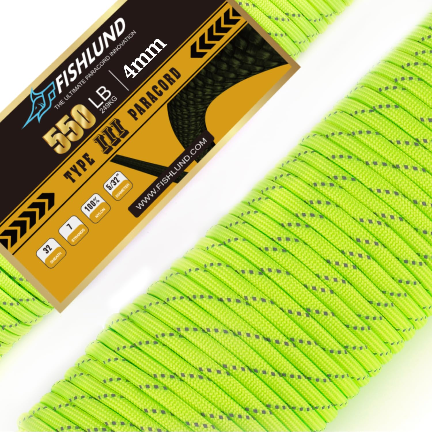 FISHLUND Reflective Paracord 550 lb, 7 Strand Paracord Rope 50ft 4mm, Nylon Parachute Cord for Camping, Neon Green