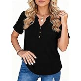 Women's Summer Short Sleeve Button Waffle T Shirt Classic Fit V Neck Tops for Office Work