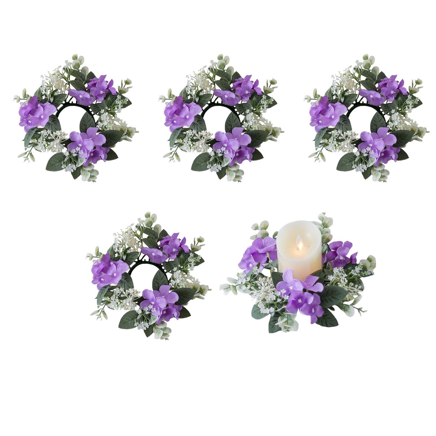 Huilimei 5 Pcs 25 cm Candle Rings Wreaths,Artificial Hydrangea Wreath Candles Wreaths for Pillars Christmas Wedding Home Table Party Decoration (Purple)