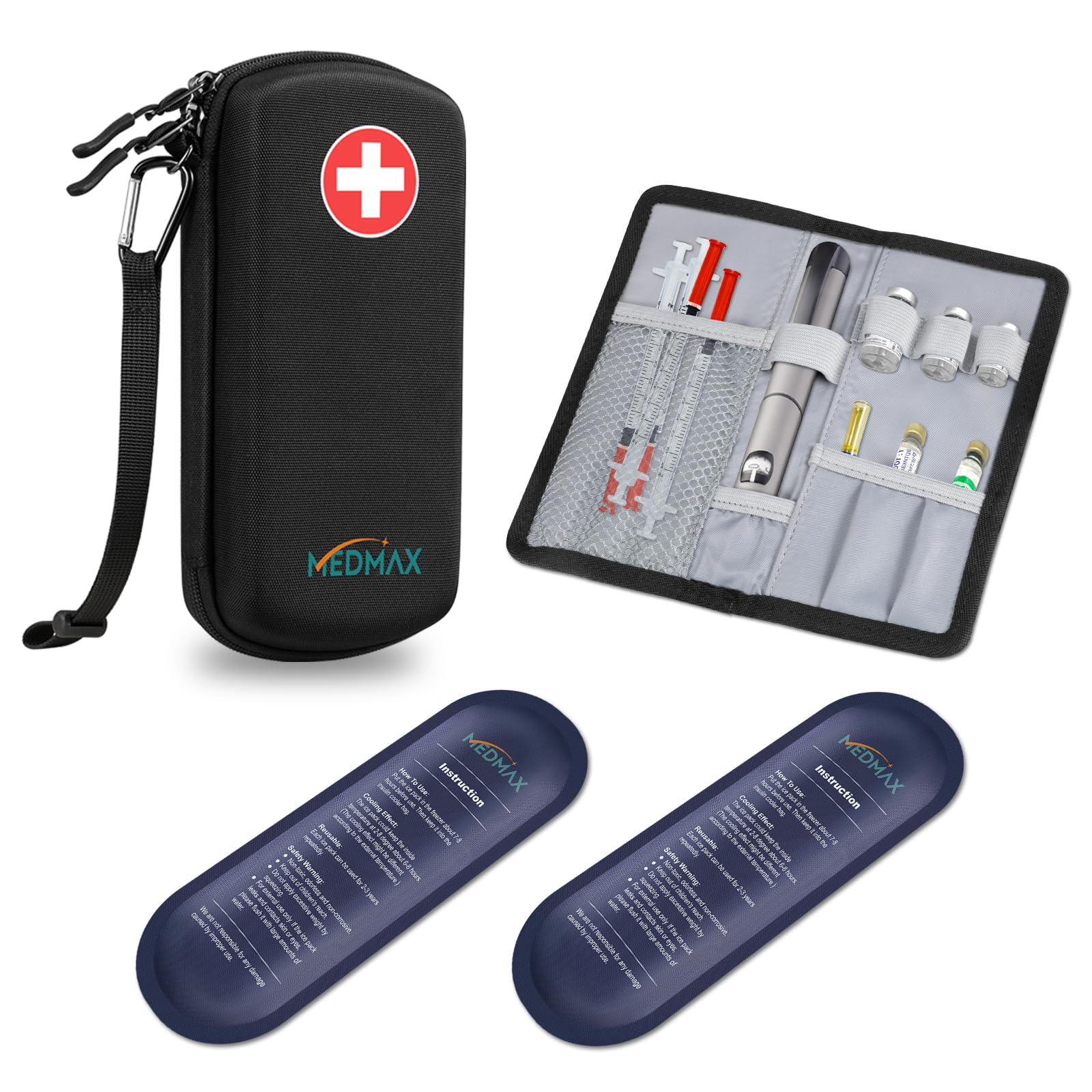 Hard Shell Insulin Cooler Travel Case with 2 Ice Pack, Shock Absorption Insulated Diabetic Medication Organizer Carrying Bag with Extra Pouch for Insulin Pen and Other Diabetic Supplies, Black