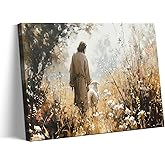 Jesus Leaves The 99 Sheep Canvas Wall Art, Christian Jesus Lamb Wall Decor Paintings, Lost Sheep Religious Bible Posters Prints Pictures for Church Living Room Bedroom 12x16 Inch Framed