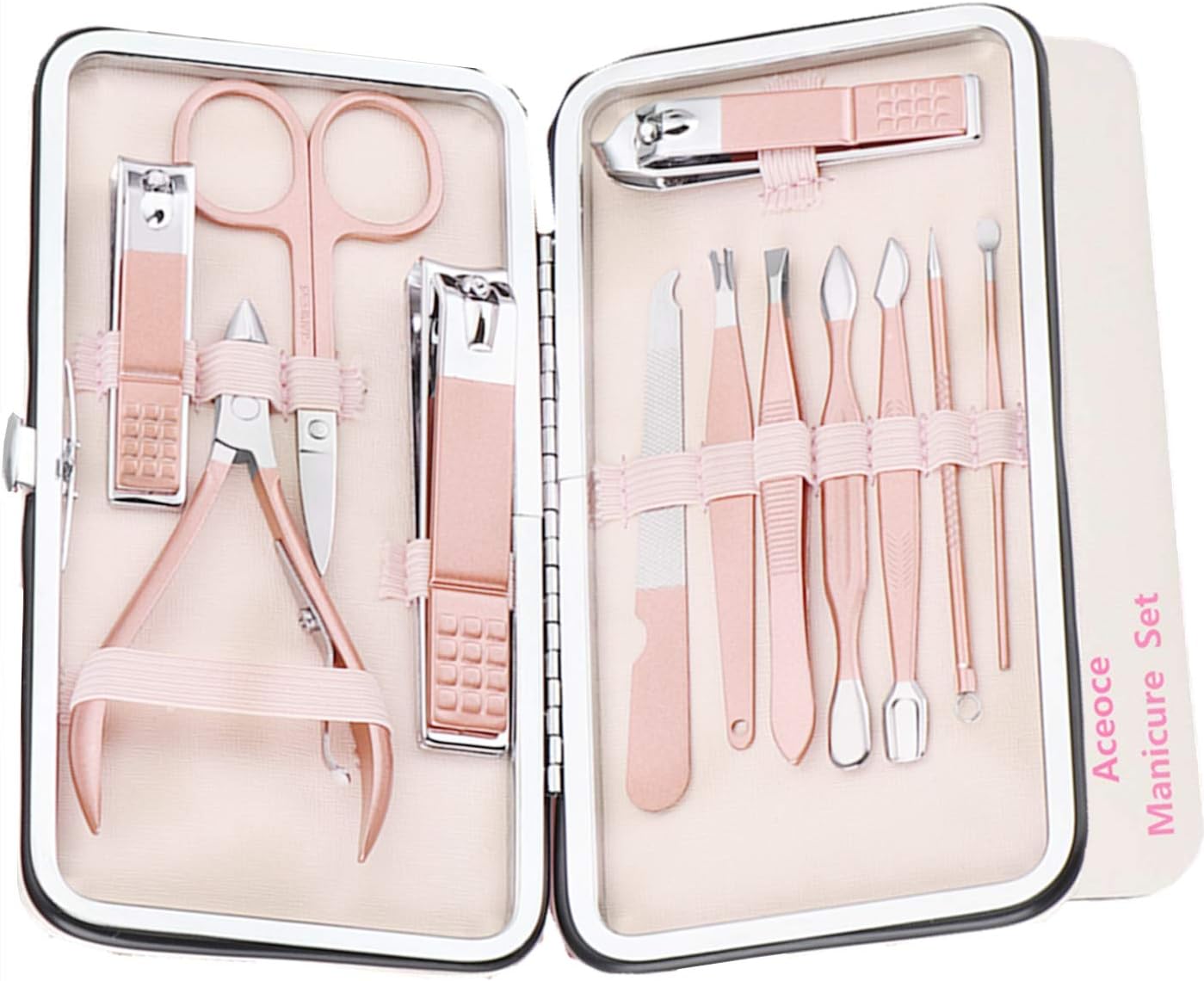 Nail Clippers Set Manicure Pedicure Kit - Manicure Set Women Professional Stainless Steel Pedicure Nail Clipper Tools + Aceoce Travel Luxury 12 In 1 With Grooming Travel Leather (Rose Glod)
