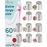 60Pcs Extra Large Russian Piping Tips Set,10 Flower Nozzles Baking, Stainless Steel Rose Floral Piping Nozzles, Nozzle for Cake Decorating for Buttercream Flowers, Cake Decorating Supplies for Wedding