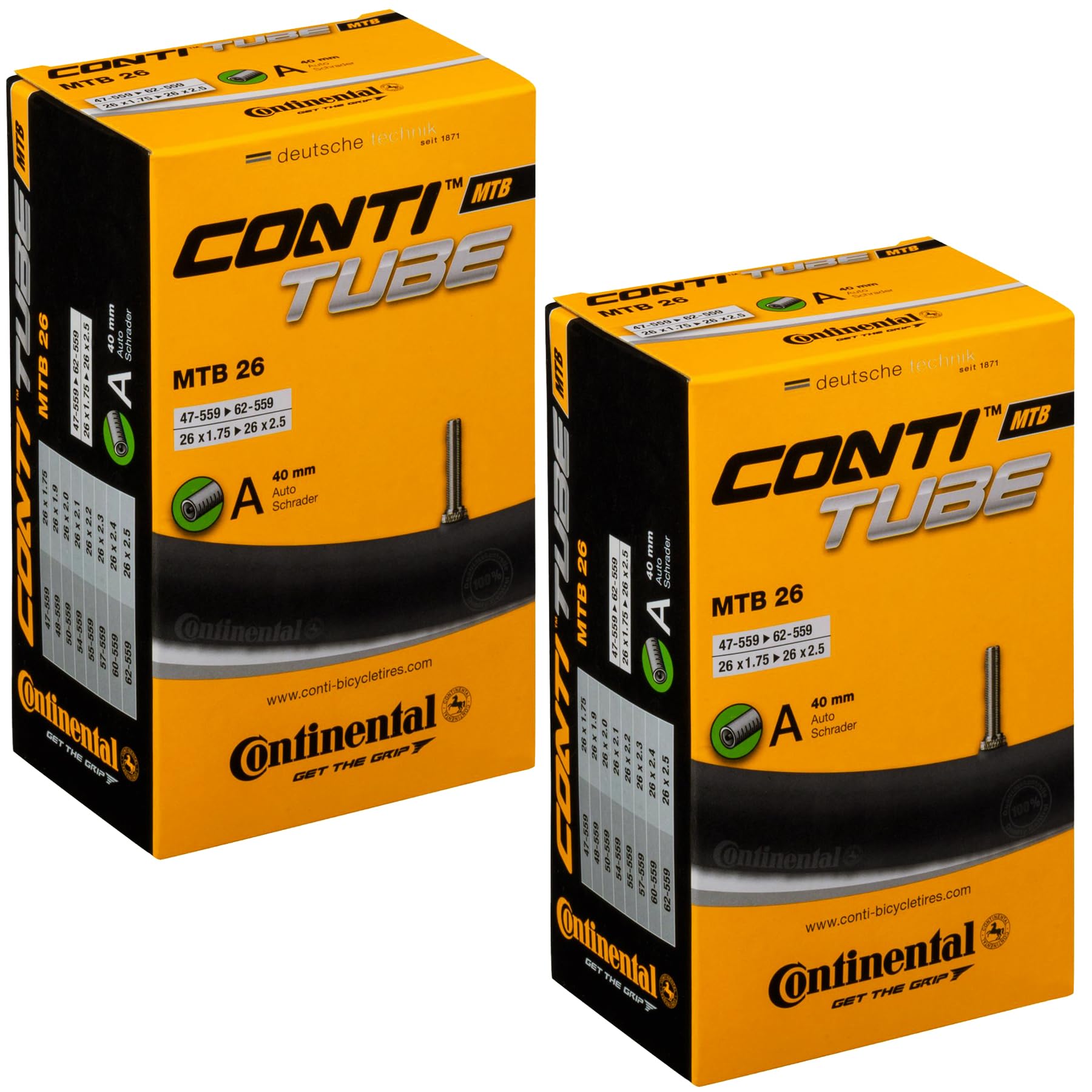 Continental Unisex's MTB Tube 26" Inner, Black, [47-559->62-559] Pack of 2