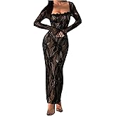 OYOANGLE Women's Floral Lace Slit Back Fishtail Long Dress Square Neck Cocktail Bodycon Dresses