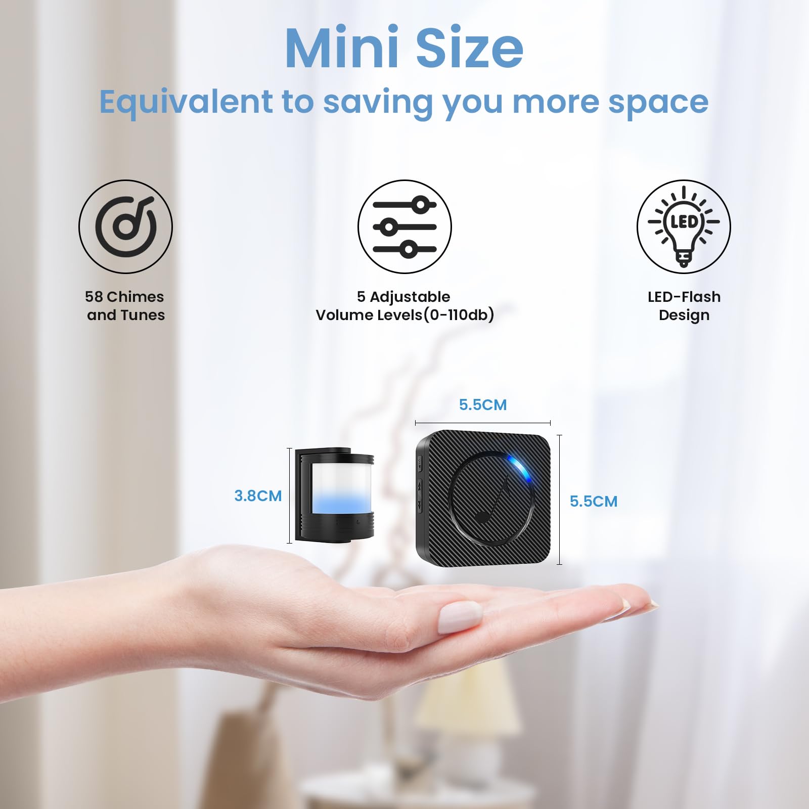 Wireless Motion Sensor Mini Size - Motion Detector Alarm Chimes Door Sensor with LED Light 500 FT Range Commercial Door Entry Alert, Caregiver Reminder for Elderly, Visitor Bell Dinger