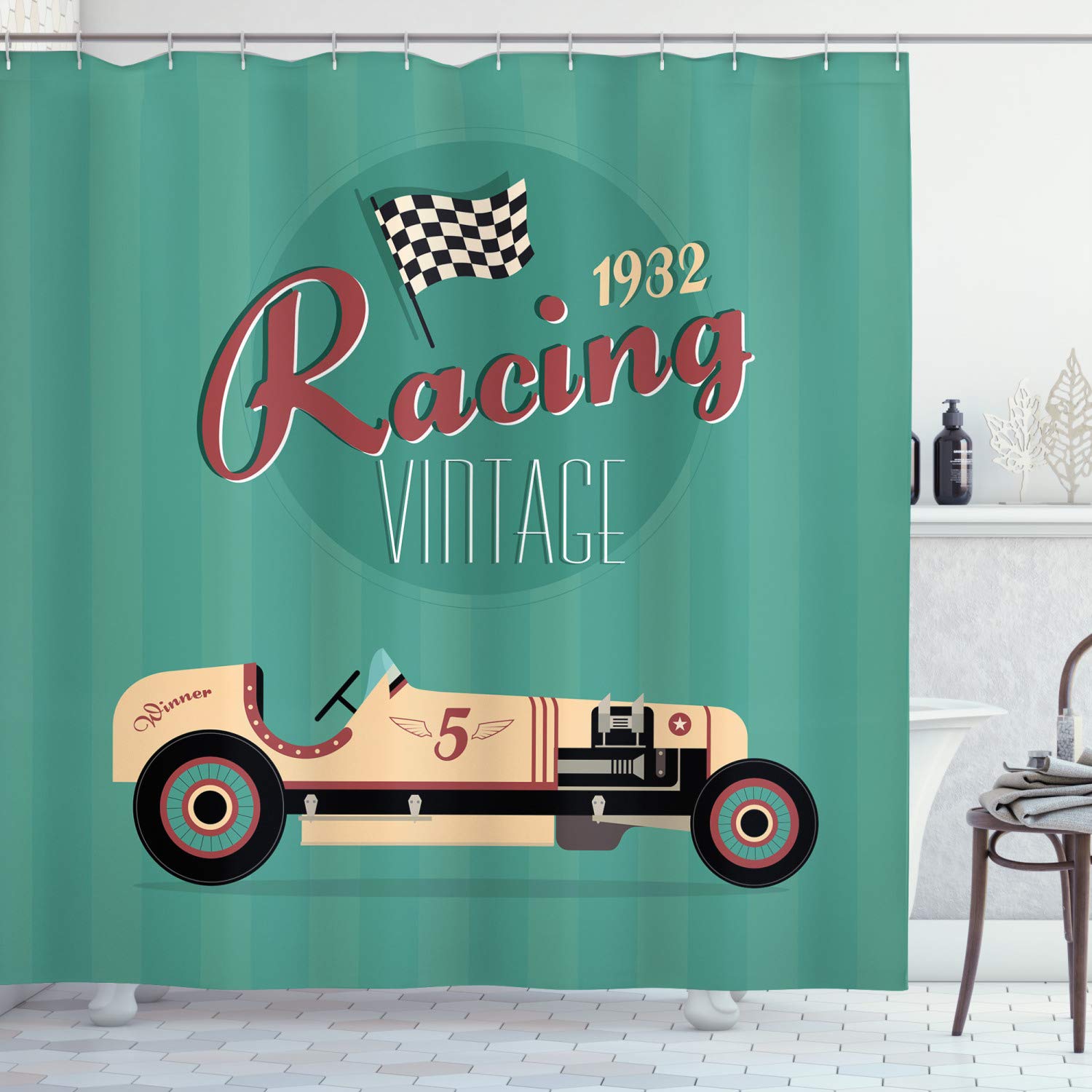 ABAKUHAUS Cars Shower Curtain, Poster Print of a Classic Vintage Automobile Nostalgia Rally Antique Machine, Cloth Fabric Bathroom Decor Set with Hooks, 78 Inches, Teal Ruby Cream