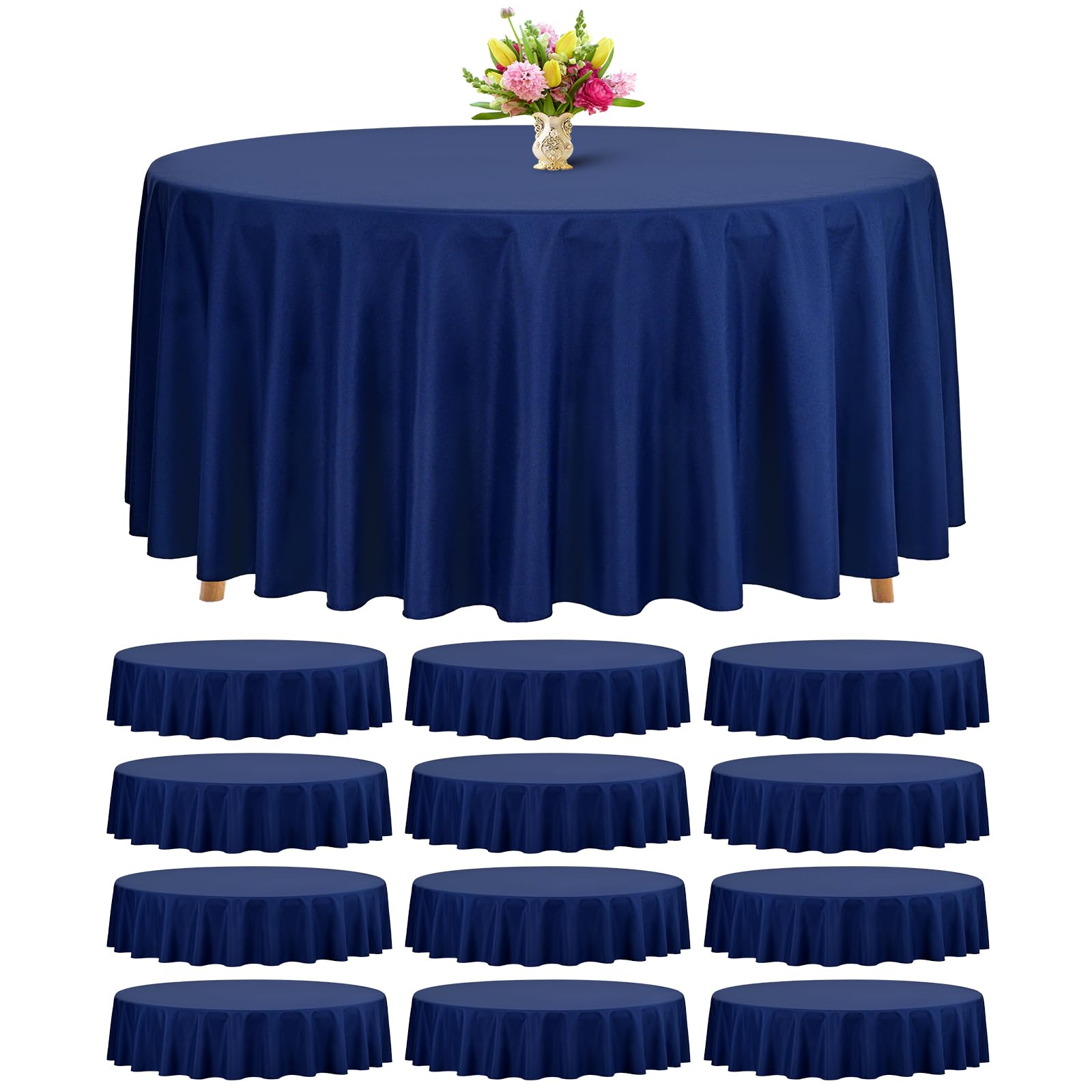 Photo 1 of Teruntrue 12 Packs Navy Blue Round Tablecloths 90 inch Round Table Cloth, Washable Polyester Fabric for Wedding Parties Banquet Holiday Dinner Table Decorative, Navy Blue