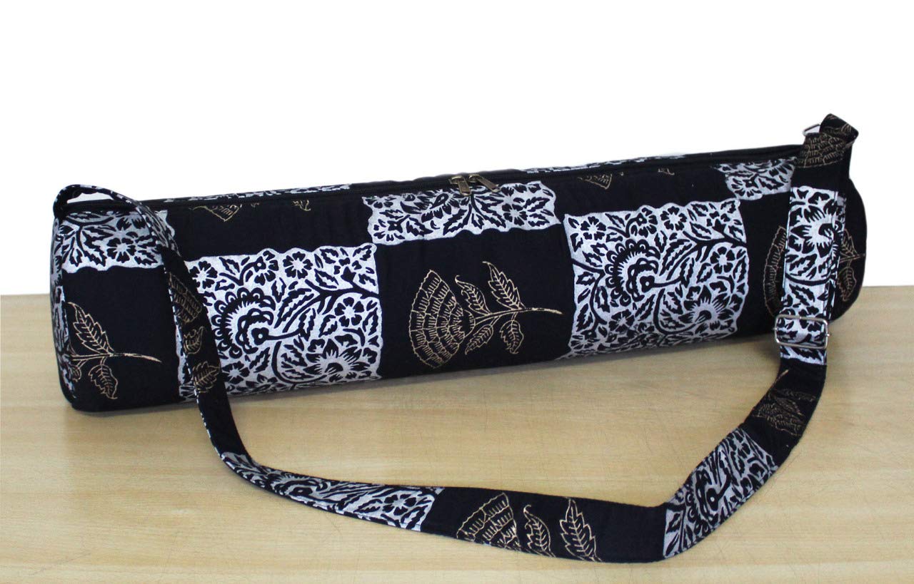 ICC Black Gold Mandala Full-Zip Exercise Yoga Mat Carry Bag Gym Beach Pilates Carrier Bags Hippie Mandala Indian Cotton Bag (Gold Sliver Block)