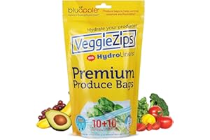 Bluapple VeggieZips Premium Produce Storage Bags - 10 Produce Food Saver Bags + 10 HydroLiners to Keep Produce Fresh Longer -