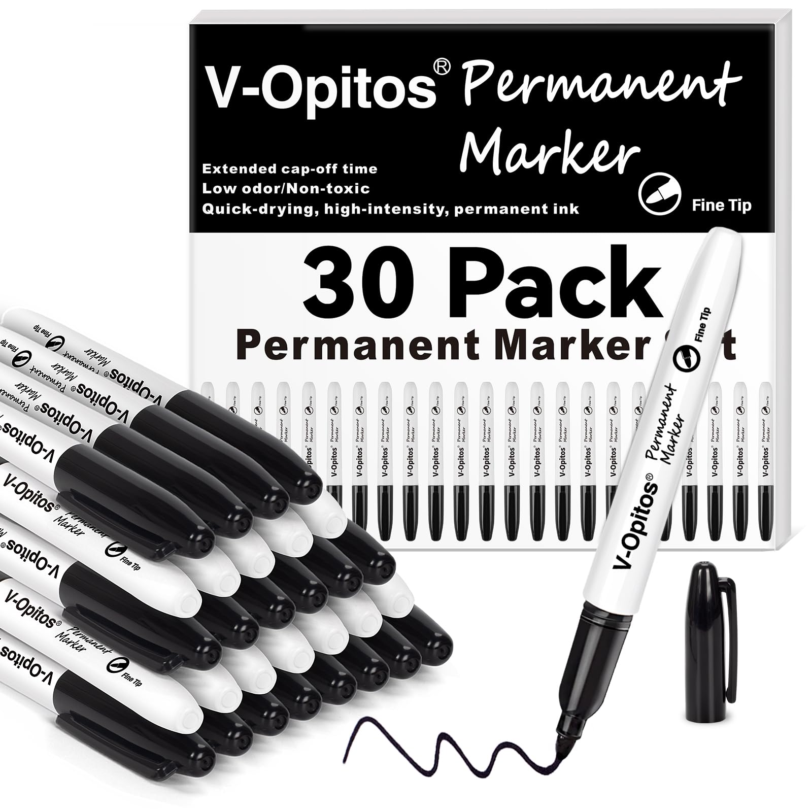Photo 1 of V-Opitos 30 Pack Black Permanent Markers, Bulk Fine Point Waterproof Markers Pens, Durable, Quick-Drying Marker, Ideal Stationery Supplies for Schools, Homes and Offices