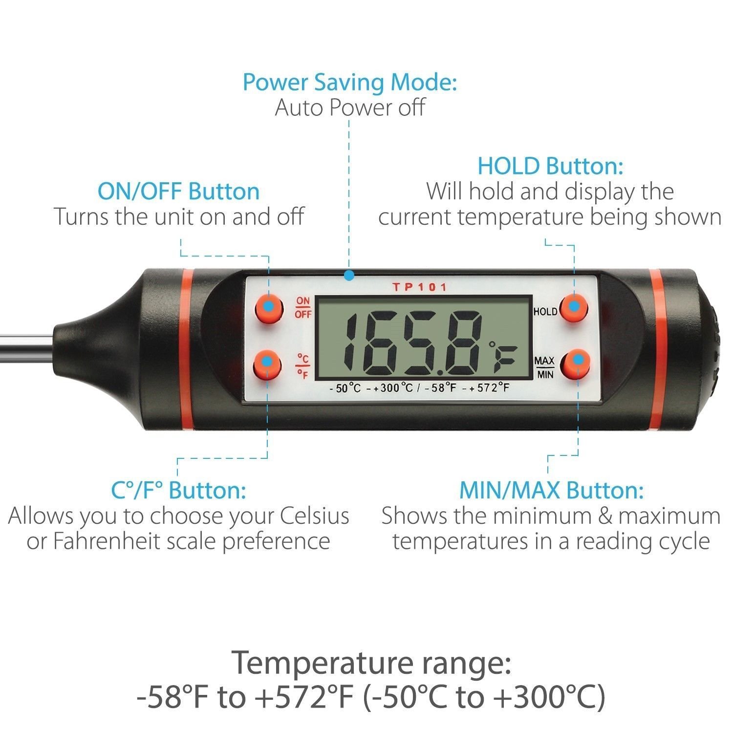 TAFOND Instant Read Digital Cooking Meat Thermometer for Food, Meat, Candy and Bath Water with Long Probe, LCD Screen, Anti-Corrosion,Black