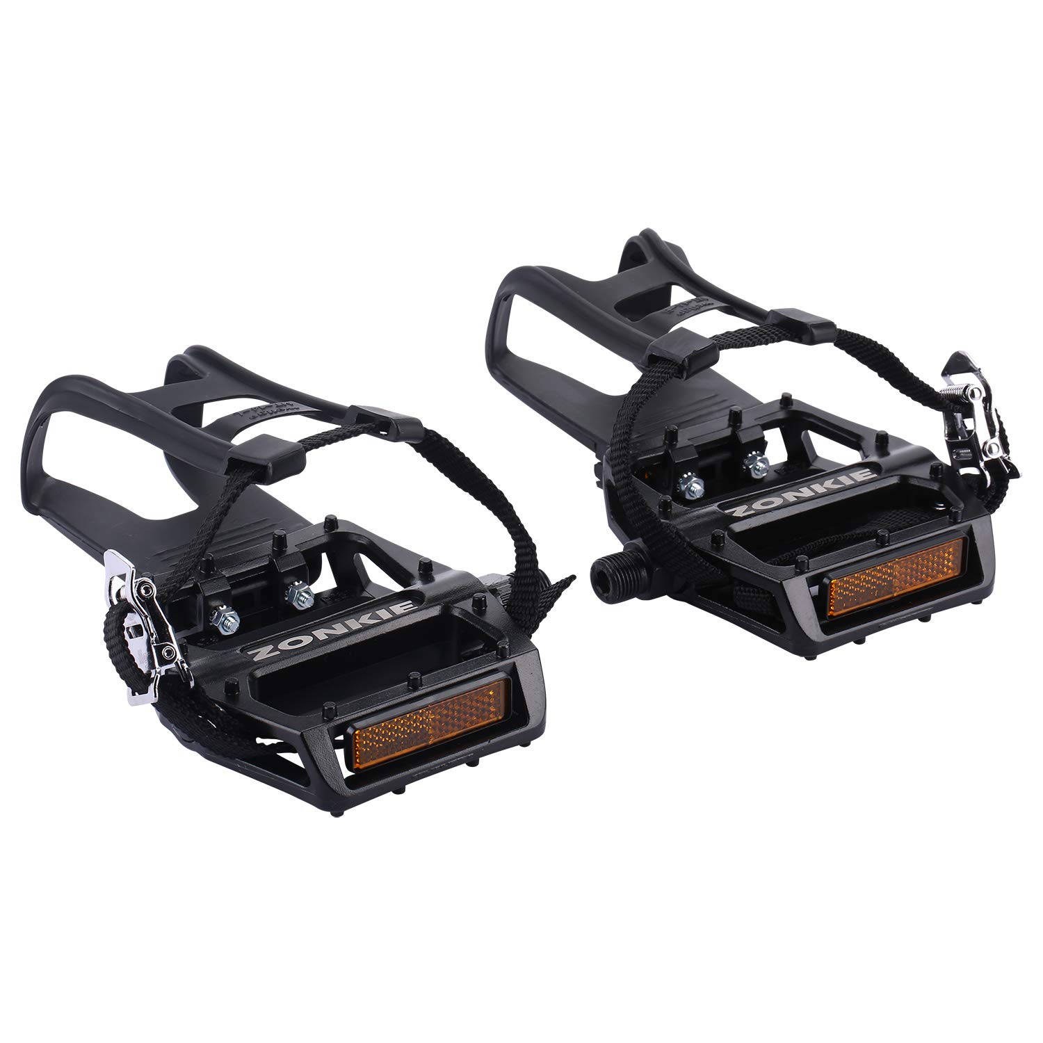 zonkie Bike Pedals with Clips and Straps for Outdoor Cycling Indoor Stationary Bike 9/16 Inch (Black)