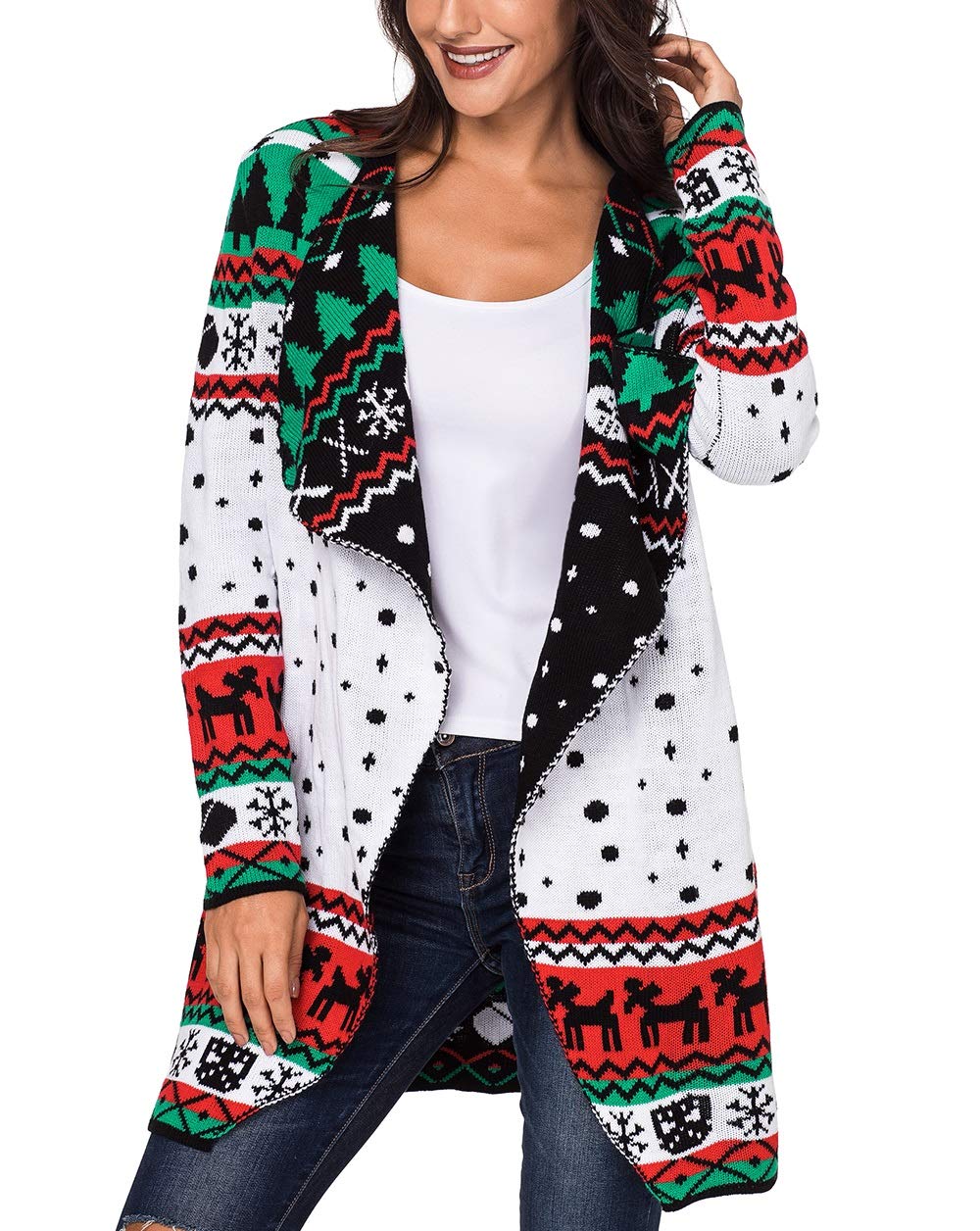 Happy Sailed Women Christmas Snowland Turndown Collar Sweater Cardigan Large White