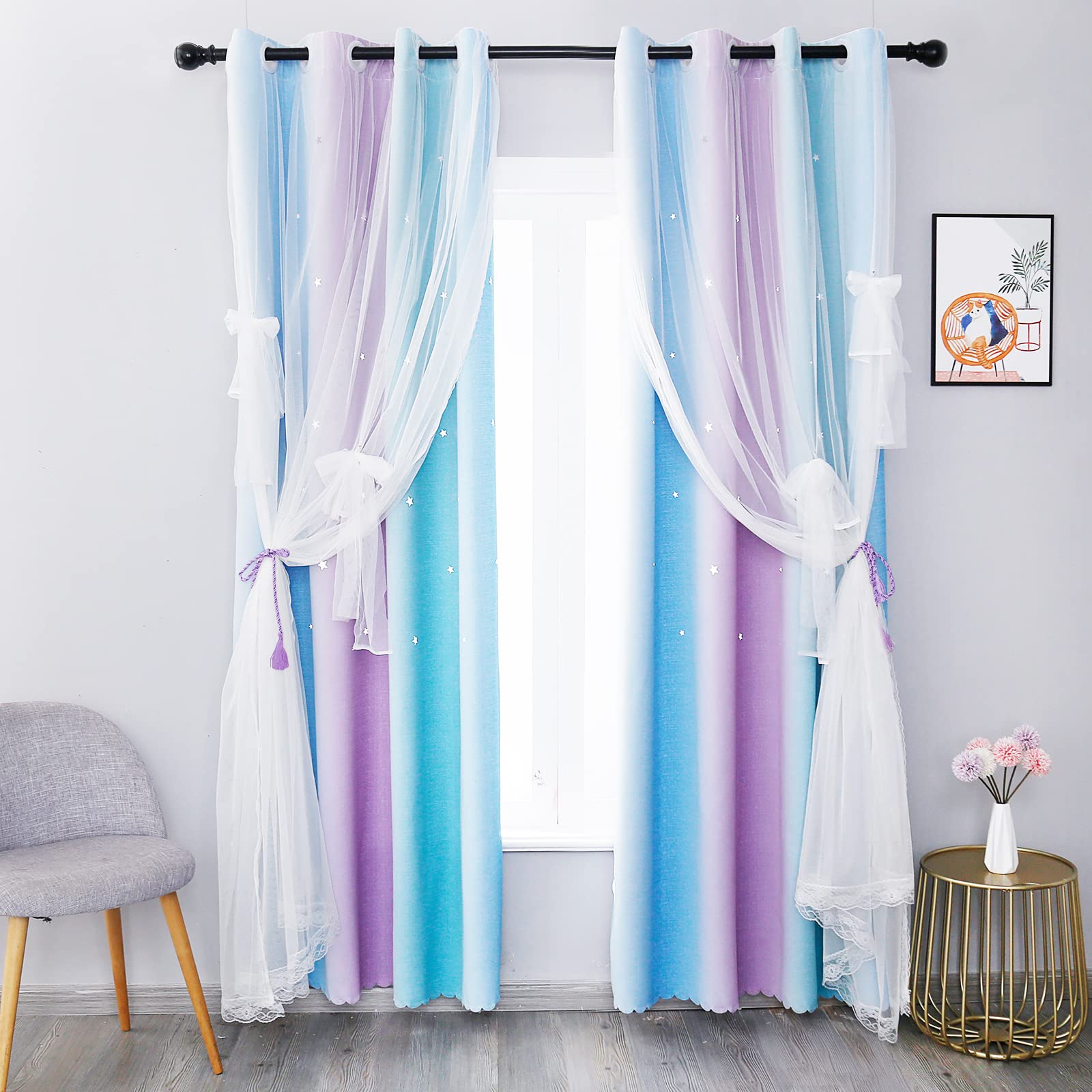 MINGPINHUIUS Star Curtain Blackout Curtains for Kids Girls Bedroom Living Room Double Layer Stars Curtains Elegant Drapes Star Window Curtain with Net Sheers, 2 Panels (Blue Purple, 52" W x 84" L)