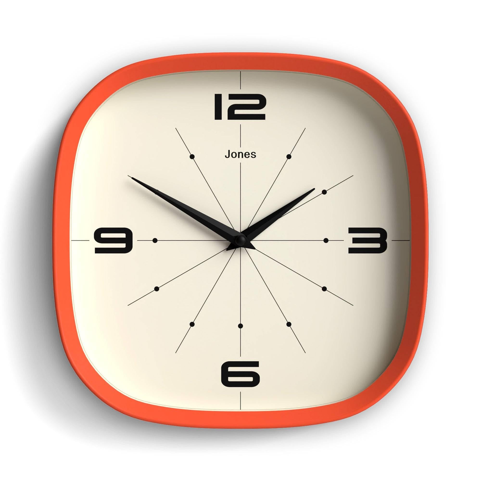 Jones Clocks® Pulsar wall clock | Retro rounded square clock | 25cm | Orange | Cool designer look for kitchen, living room or office