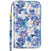 Simikol Large Capacity Wallets for Women RFID Blocking Leather Zip Around Phone Purse Ladies Travel Credit Card Clutch with Wristlet, Blue Flowers