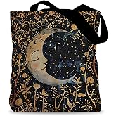 LADOCK Boho Floral Crescent Moon Tote Bag, Witchy Gothic Moon and Stars Canvas Tote Bags for Women, Mystical Celestial Boho Botanical Reusable Grocery Shopping Bags