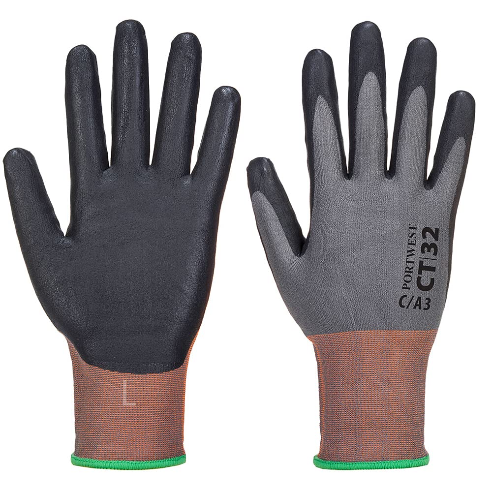 Portwest CT MR18 Micro Foam Nitrile Cut Glove, Size: XS, Colour: Grey/Black, CT32G8RXS