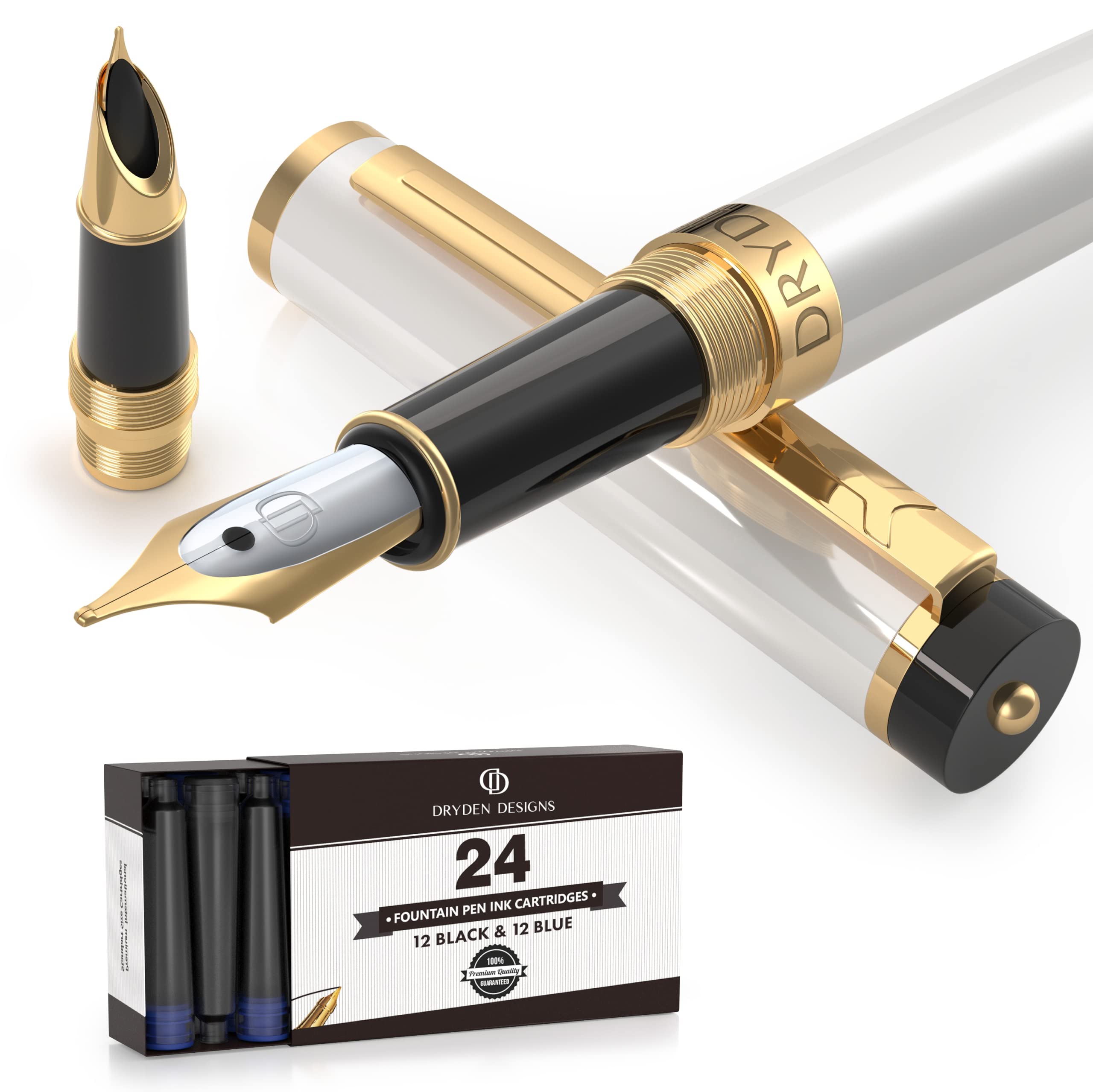 Dryden Designs Fountain Pen - Medium and Fine Nibs | Includes 24 Ink Cartridges and Ink Refill Converter | Calligraphy Pen, Consistent Writing, Smooth Flow - Pearl White