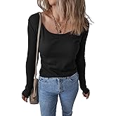 Kinlonsair Women Long Sleeve Scoop Neck Shirts Ribbed Knit Slim Fit Tops Basic 2025 Fall Outfits Casual T-Shirt