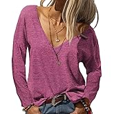 Danedvi Womens Tops Deep V Neck Long Sleeve Shirts Oversized Solid Color Casual Loose Top