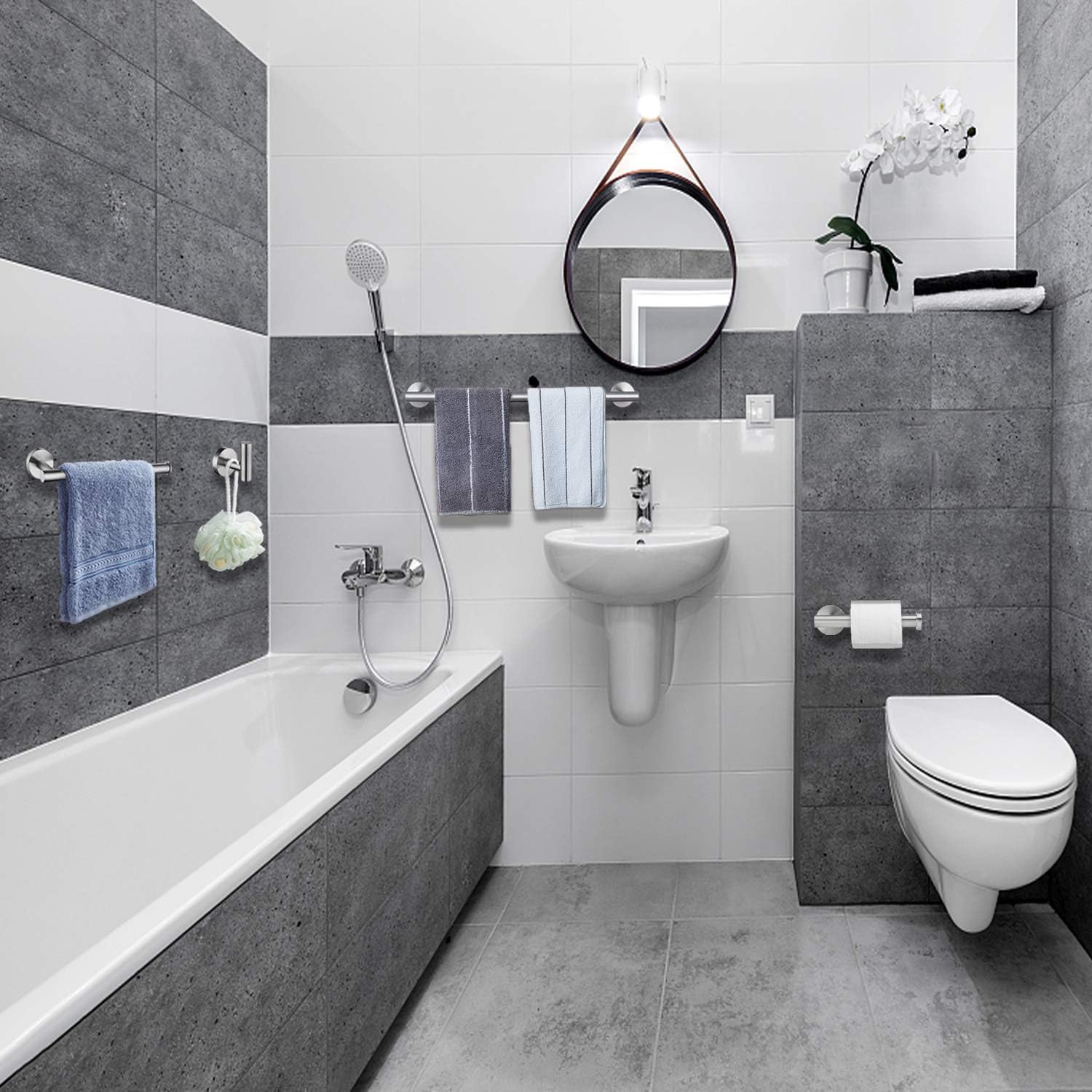 Nolimas 4-Pieces Set Brushed Nickel Bathroom Hardware Set SUS304 Stainless Steel Round Wall Mounted - Includes 24"&13.5" Towel Bar,Toilet Paper Holder, Robe Towel Hooks,Bathroom Accessories Kit: Home & Kitchen