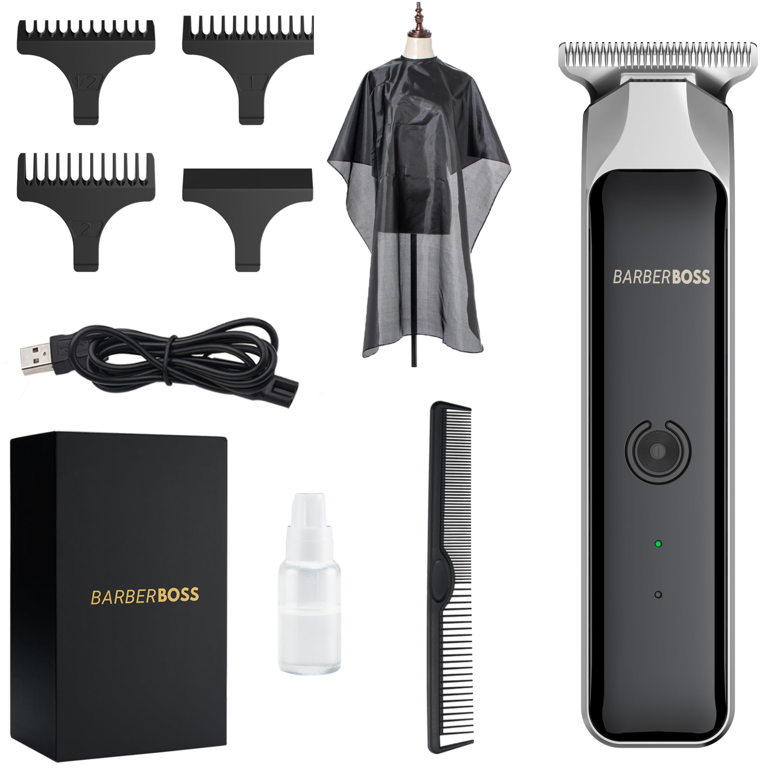 BarberBoss Men's Grooming Kit, Professional Facial Groomer, Beard Trimmer, Hair Clipper with Detail Trimmer, USB Rechargeable, Red/Green Light, Stainless Steel T-Blade Men’s Grooming Kit