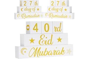 CHUNFUL 5 Pieces Ramadan Calendar Block Set Ramadan Advent Countdown Eid Calendar Countdown Calendar Ramadan Table Decor Ramadan Wood Sign Ramadan Mubarak Wooden Ornament Block (White and Gold)