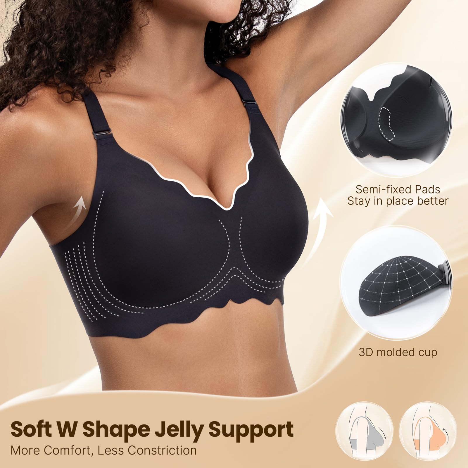 PQK Bras No Underwire for Women Comfortable Wireless Seamless T Shirt Bras Wavy Edge Full Coverage Push Up Bra (Size S Black)