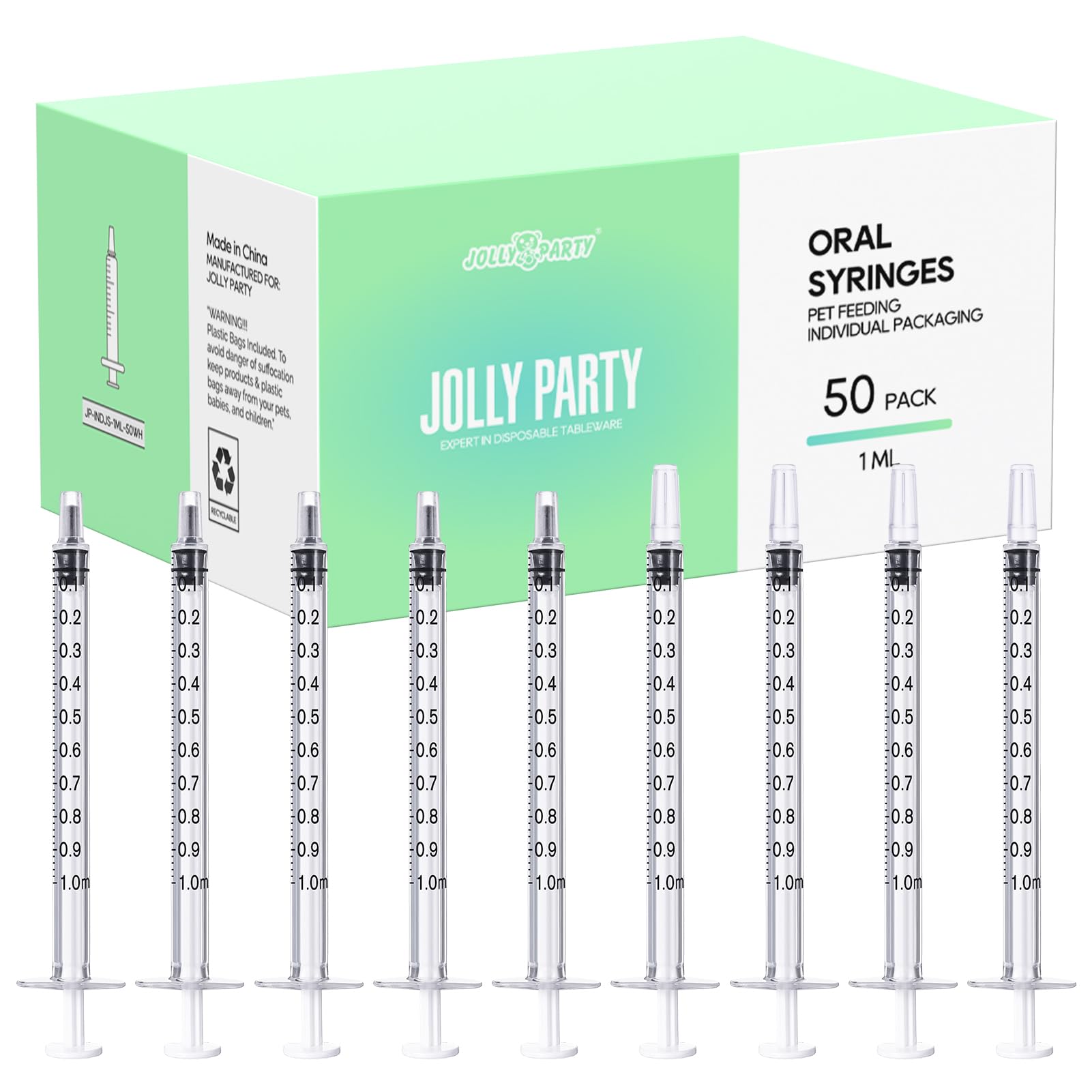 Photo 1 of JOLLY PARTY 50 Pack 1ml Syringes with Caps, 1cc Syringe Needleless, Small Oral Syringe with Tip Cap Individually Wrapped for Scientific Labs, Liquid Measuring, Pet Feeding, Oil & Glue Dispenser