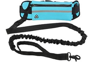 Hands Free Dog Leash with Zipper Pouch for Walking Running Hiking, Waist Leash with Bungee, Adjustable Belt, Reflective Doubl