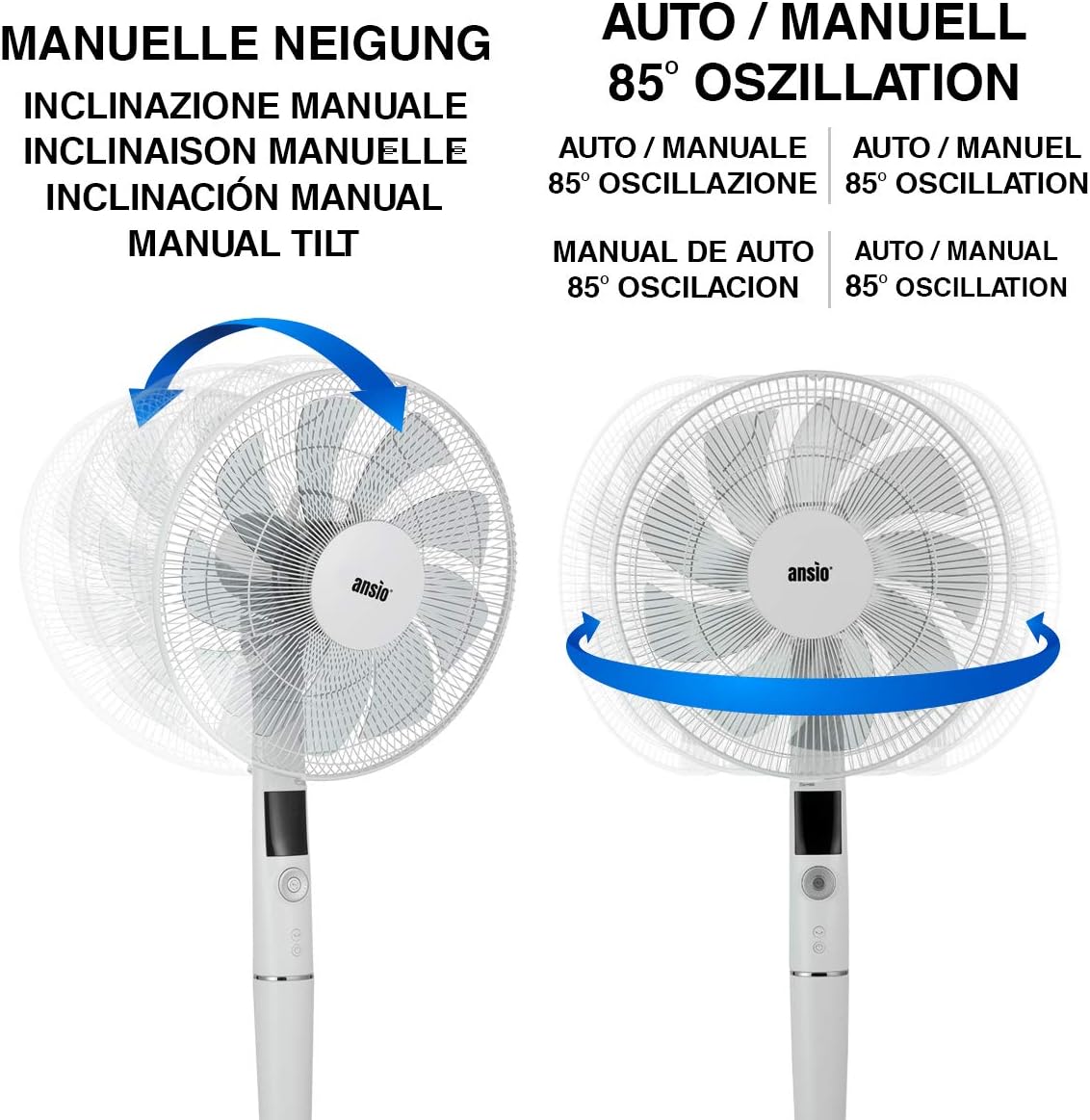 ANSIO Pedestal Fan with Remote 16 Inch 9 Blades 26 Speeds 30 Watts DC