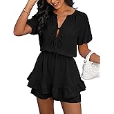 Angashion Womens Summer Shorts Romper: Self Tie V Neck Layer Ruffle Hem Romper Dress with Pockets