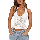NODHUT Women's Lace Halter V Neck Backless Tank Tops Cute Summer 2025 Fitted Sheer Going Out Tops