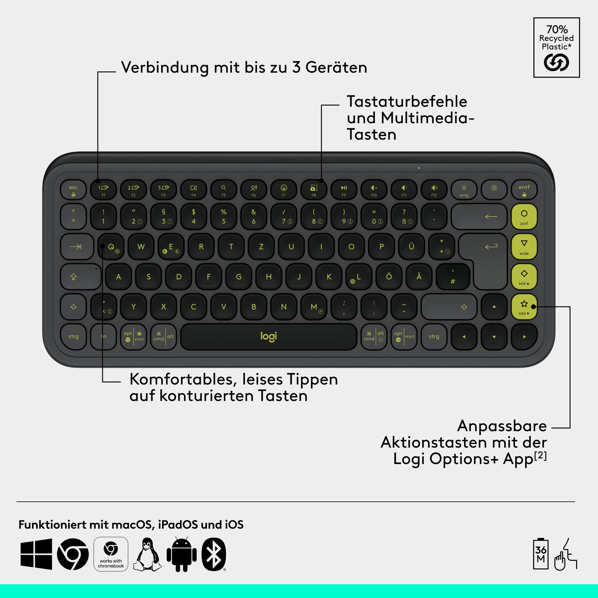Logitech POP ICON Combo, Bluetooth-Tastatur-Maus-Set, Komfortables Tippen, programmierbare Tasten, leise Klicks, Easy-Switch für bis zu 3 Geräte, QWERTZ DEU – Grafit 6