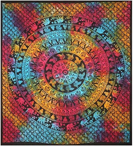 Goutam Print Multi Color Tie Die Mandala Tapestries Peacock ,Camel ,Elephant Indian Multi Color Wall Hanging Tapestry