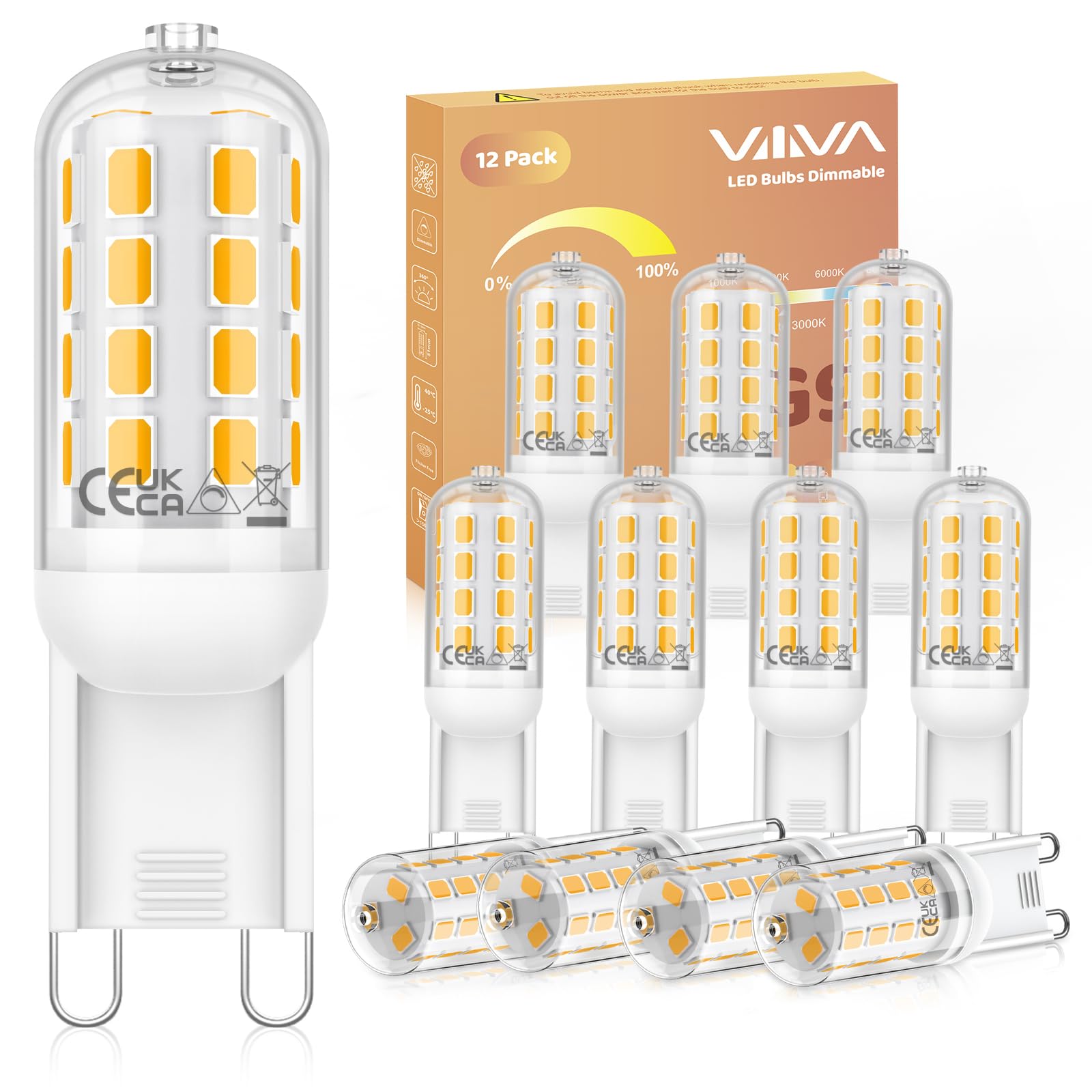 VIIIVA G9 LED Light Bulbs Dimmable 5W-12Pcs, Warm White 3000K, 500LM, Equivalent to 45W G9 Halogen Bulb, Energy Saving Bulb, CRI>80, 360° Beam Angle, No Flicker, for Home Lighting, Crystal Chandelier