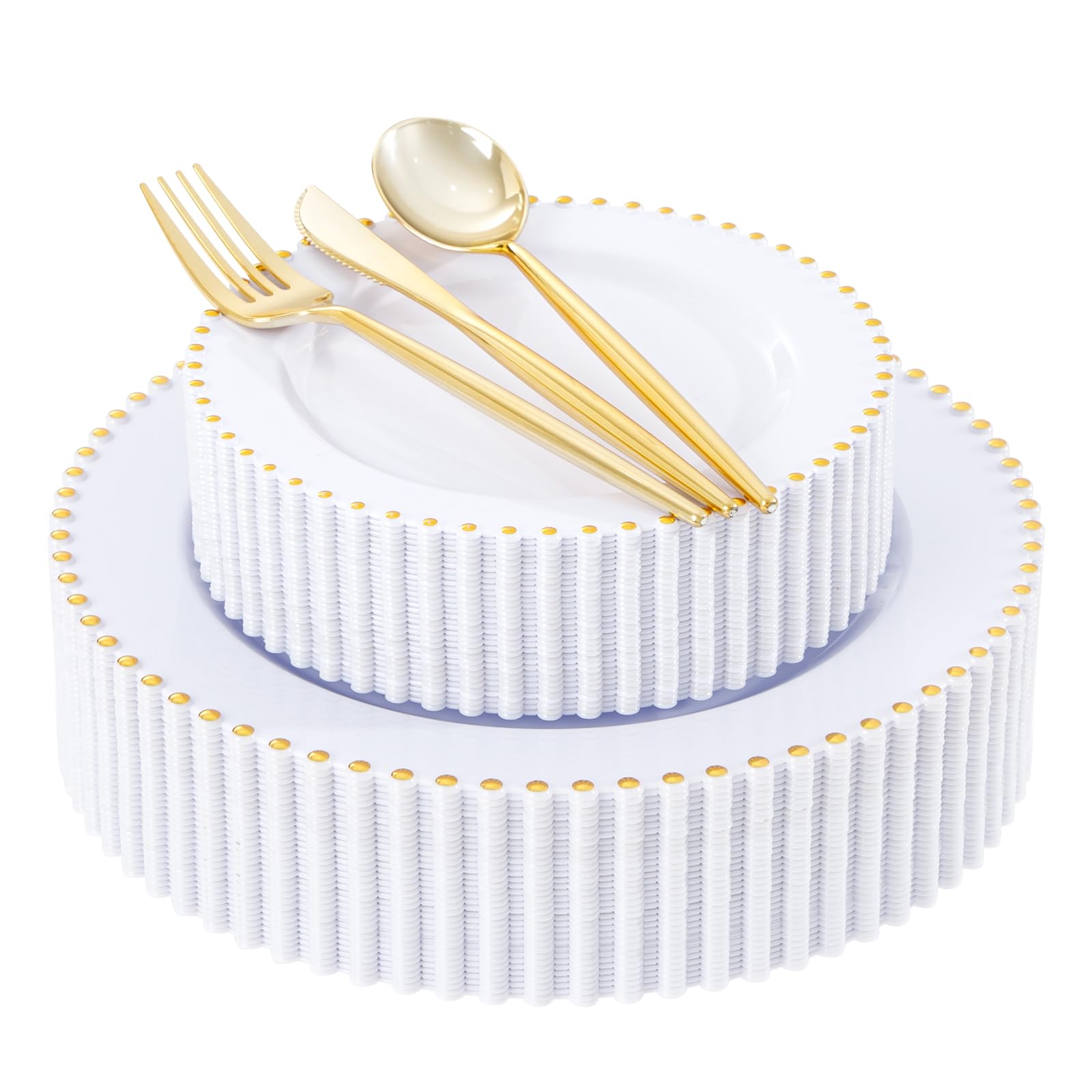 Photo 1 of ****************Missing silverware****************
LIYH 150 Pcs White and Gold Plastic Plates - Elegant Disposable Gold Plastic Dinnerware set Include Dinner & Dessert Plates Cups for Birthday Party Wedding 30 Guests