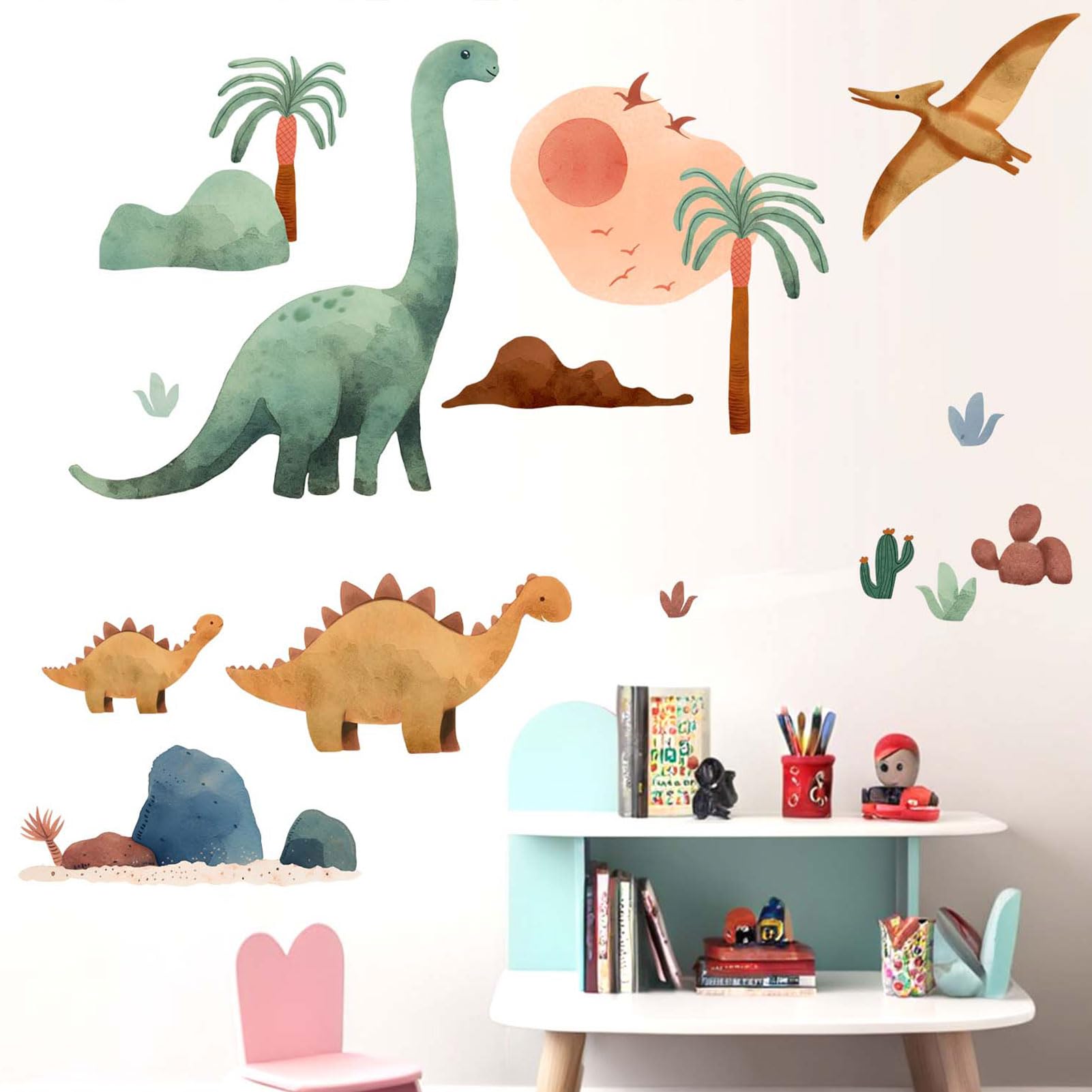 Kids Dinosaur Wall Stickers for Boys: Peel and Stick Tropic Tree Watercolor Dino Wall Decals - Wall Art Decor Kids Supplies Ages 1-12 Year