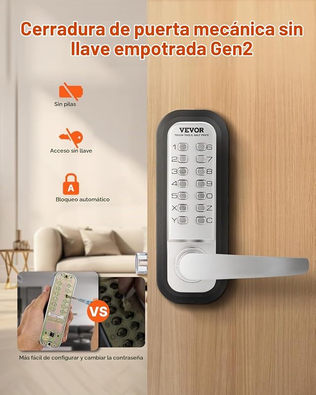 Cerradura de Combinación Mecánica con Teclado de Una Cara 14 Teclas, Cerradura de Puerta sin Llave con Manija Adecuado para Puertas de 35 a 65 mm de Grosor para Oficina, Patio, Plateado