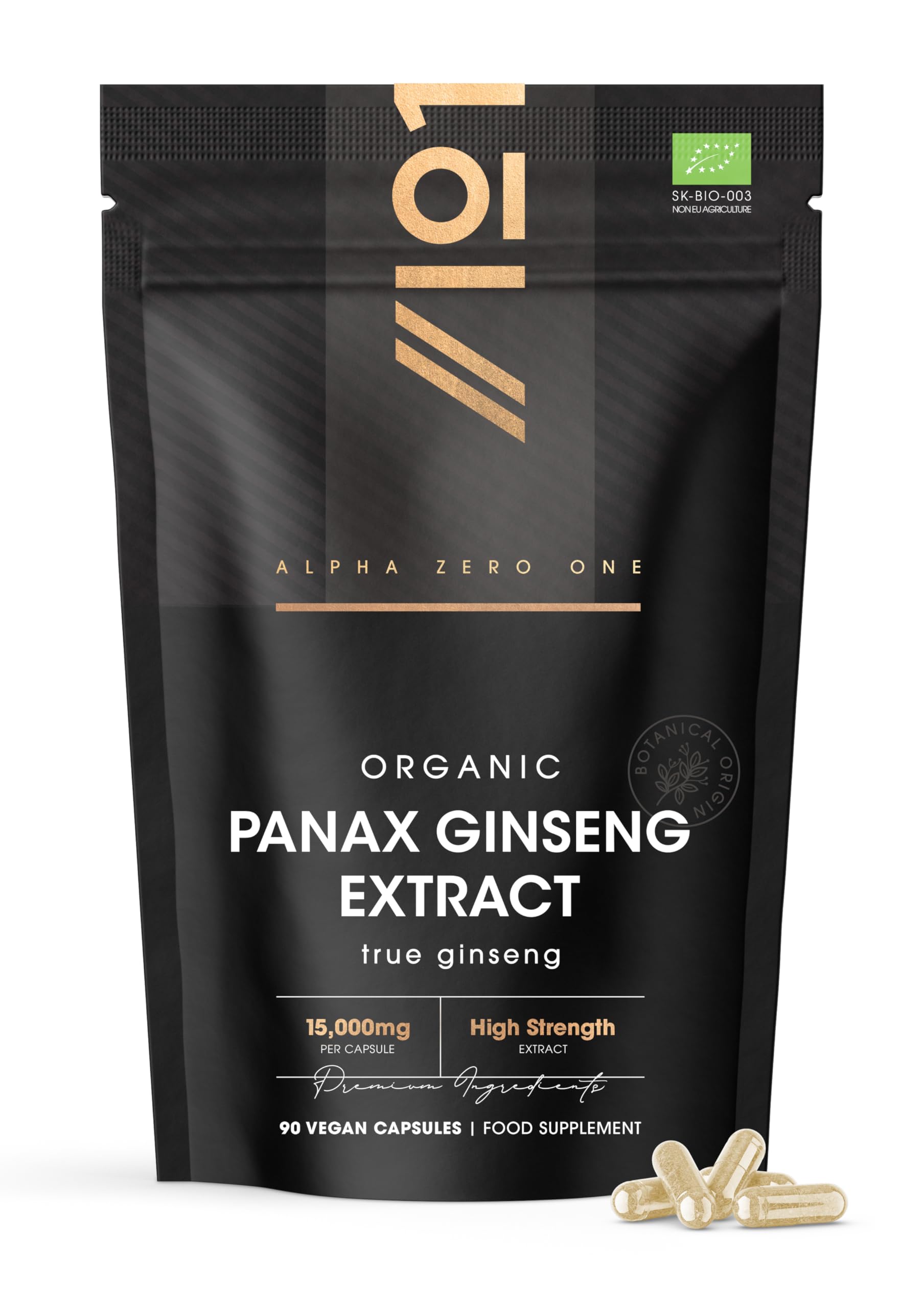 Organic Panax Ginseng 15,000mg – High Strength True Ginseng 30:1 Extract – 90 Vegan Capsules – Resealable and Recyclable Pouch by Alpha01