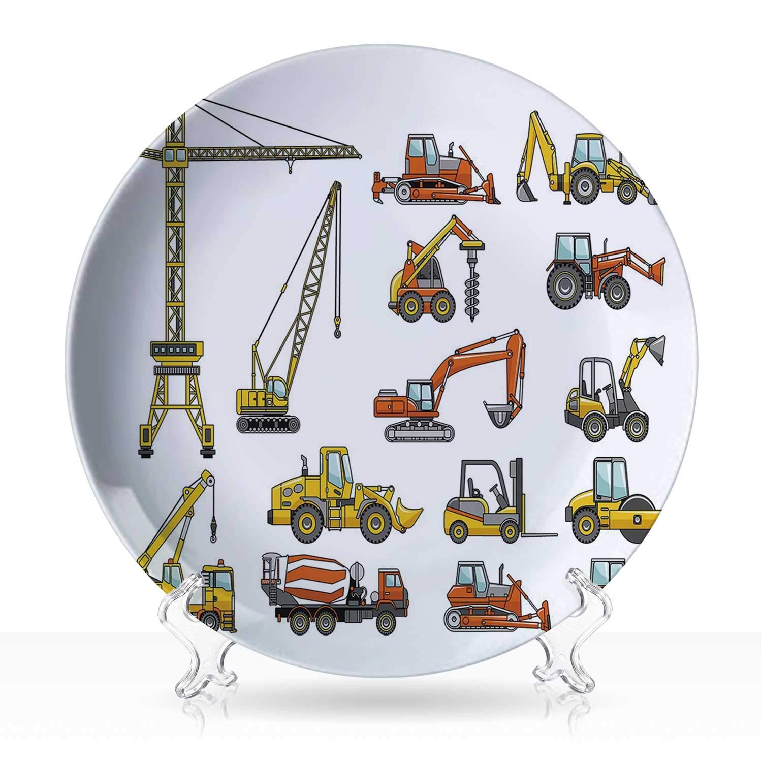 Construction,Ceramic dish Cartoon Heavy Equipment and Machinery Industry Building Transportation Drative Art Decorative 8"Inch