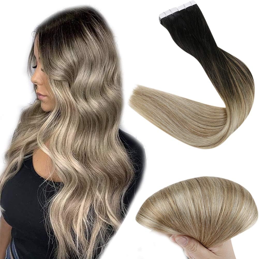 Easyouth Balayage Tape in Hair Extensions Invisible Human Hair Black to Brown and Blonde Tape in Balayage Extensions 18 Inch 80g 40Pcs Ombre Glue in Hair