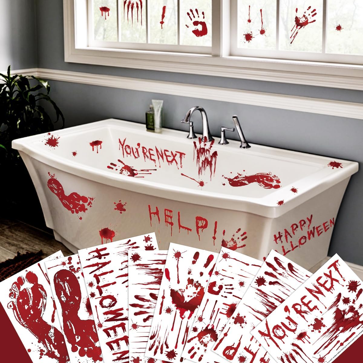 Window Treatments - Horaldaily 100 PCS Halloween Window Cling Sticker, Bloody Handprint for Home Party Supplies Shop Window Glass Display Decoration