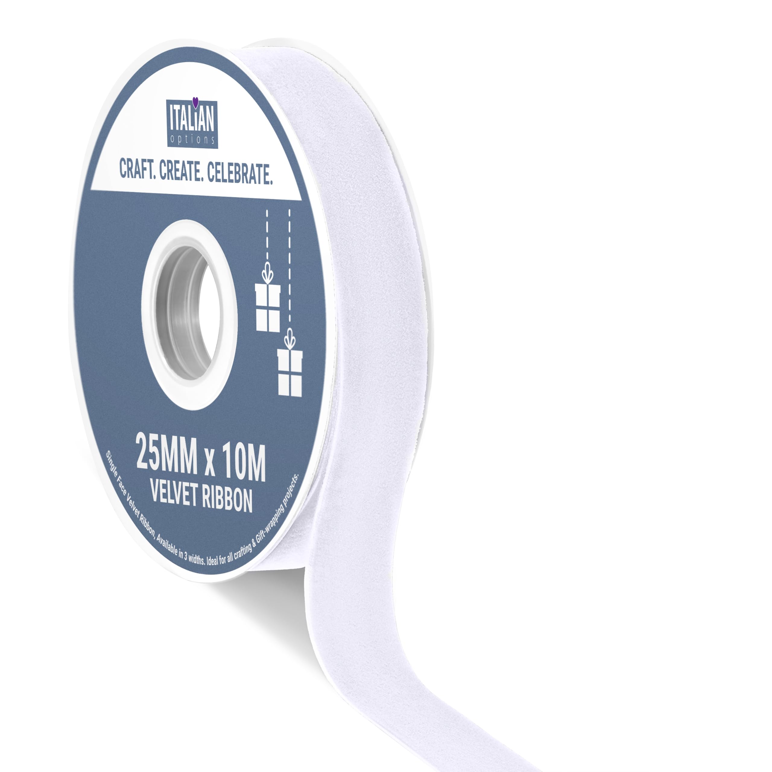 Italian Options Velvet Ribbon, Luxury, Single-Face Velvet Ribbon for Crafting, Christmas, Bows, Hair, Cakes, Weddings, Ornaments, Gift Wrapping, Flowers, 25mm x 10 Metre Roll, White — image 1